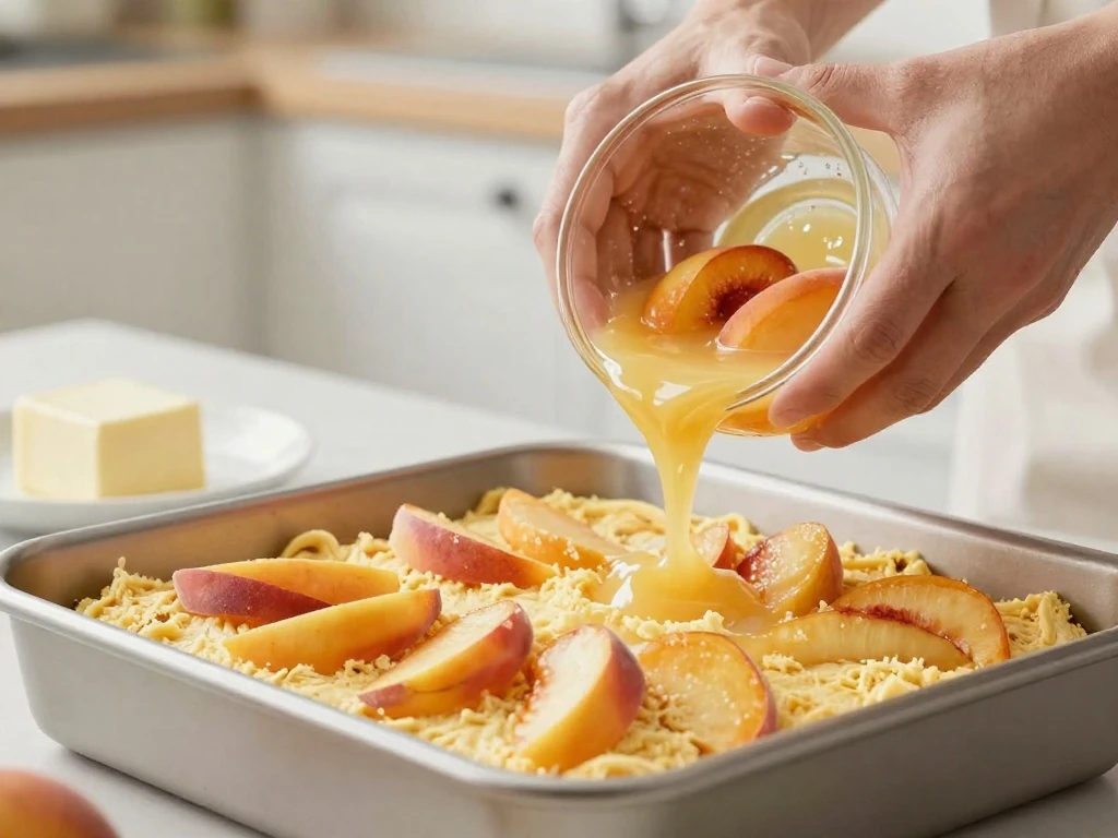 Layering peaches and yellow cake mix in a baking dish