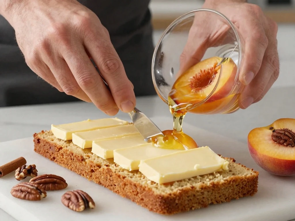 Butter slices arranged over peach cobbler cake mix topping