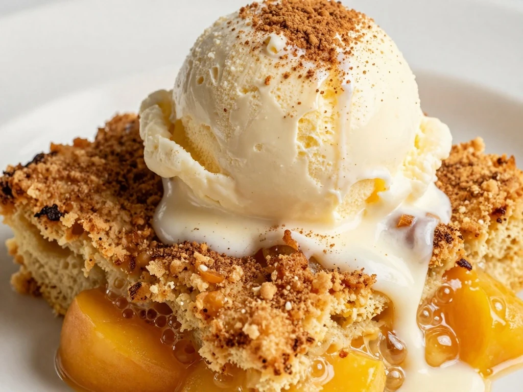 Peach cobbler topped with melting vanilla ice cream