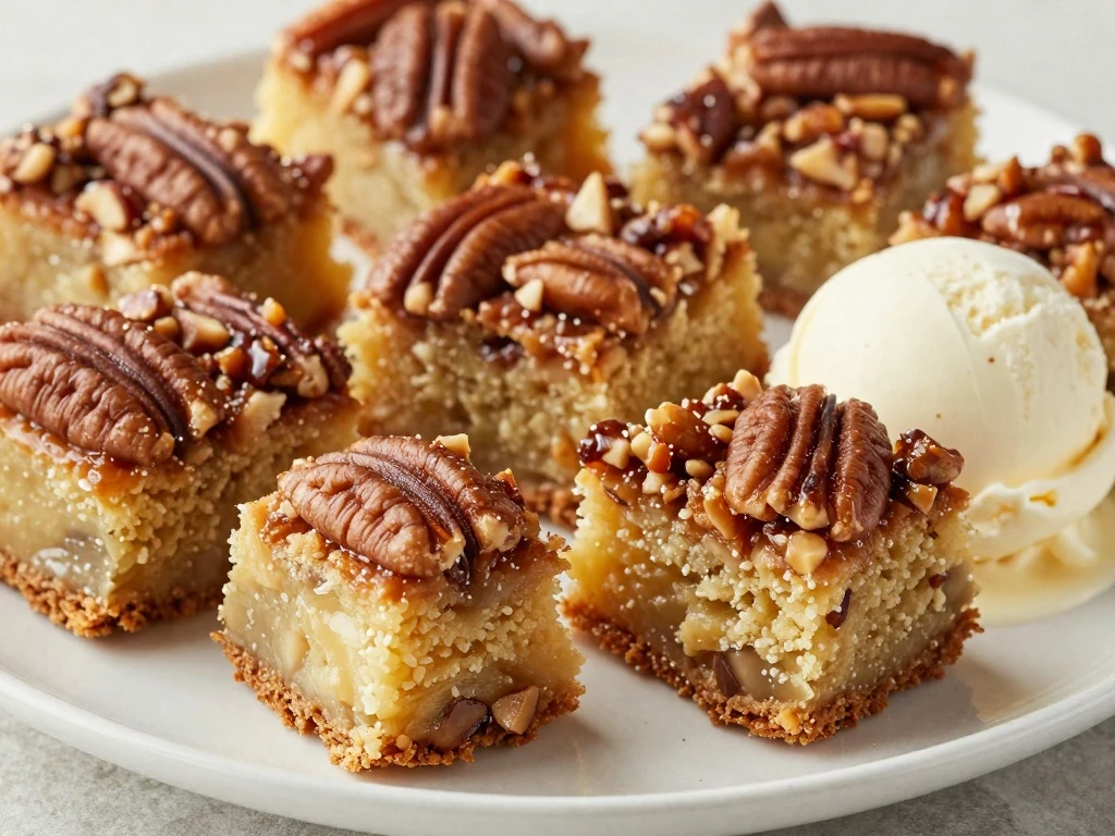 Pecan pie cake squares served with vanilla ice cream
