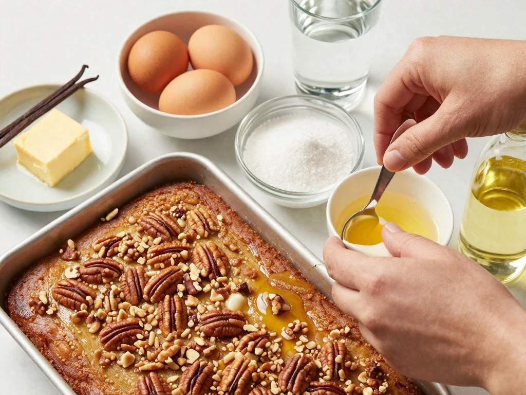 Ingredients for pecan pie cake arranged on a counter