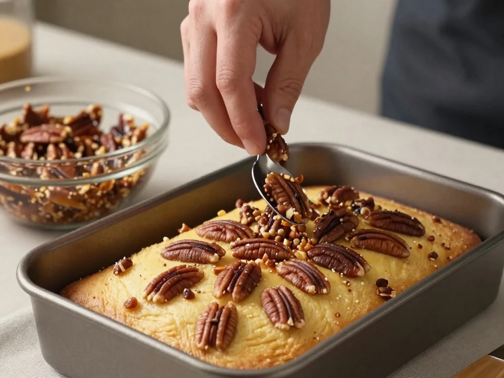 Adding pecan pie topping to the partially baked cake