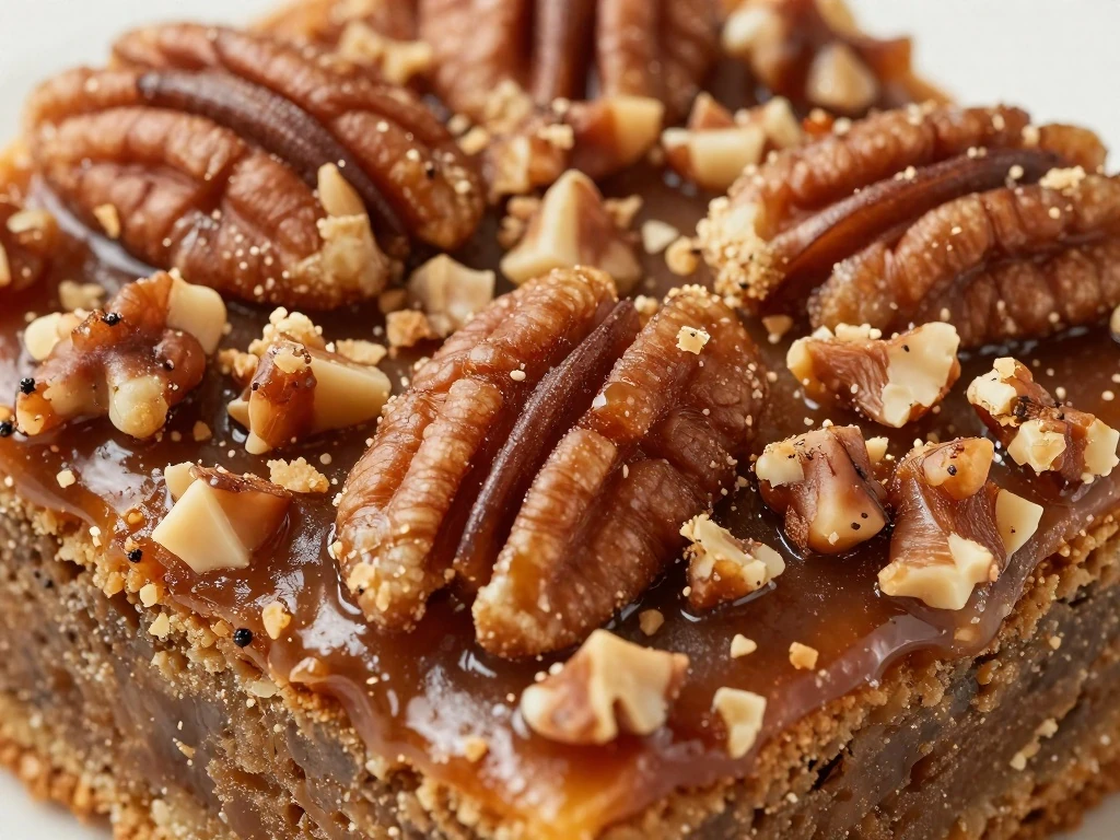 Toasted pecans on the topping of a pecan pie cake