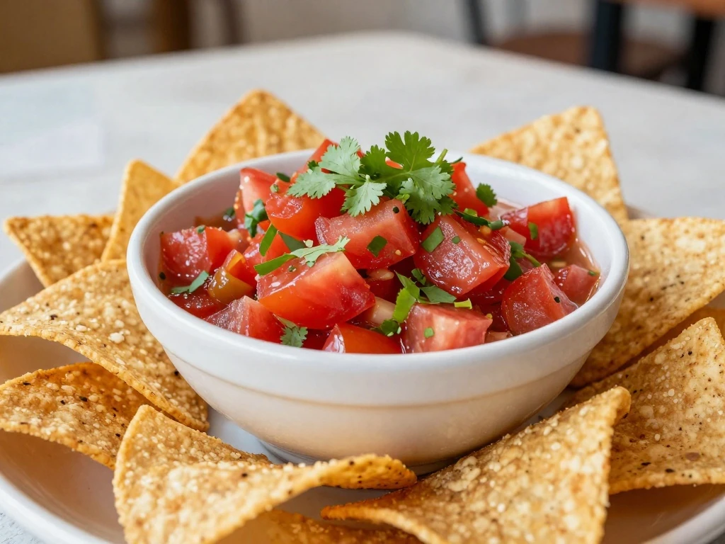 Bowl of homemade restaurant-style salsa with tortilla chips