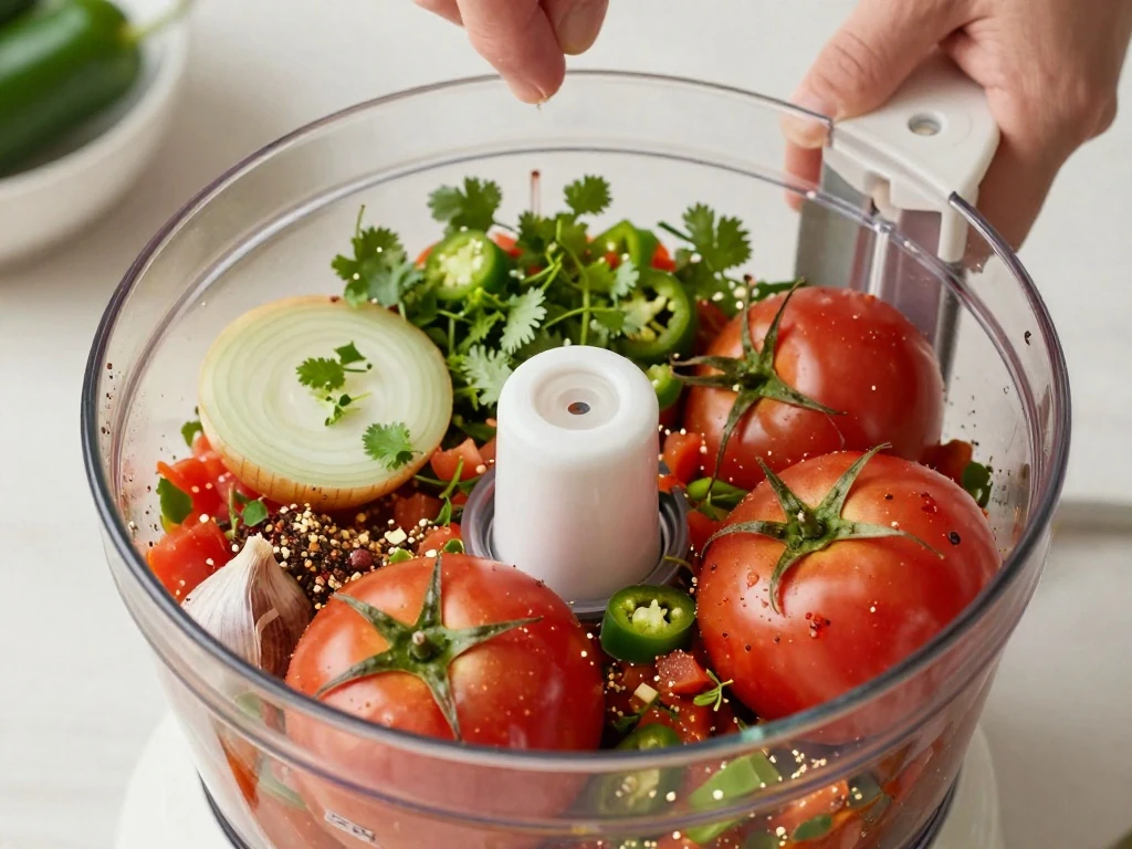 Pulsing ingredients for homemade salsa in a food processor