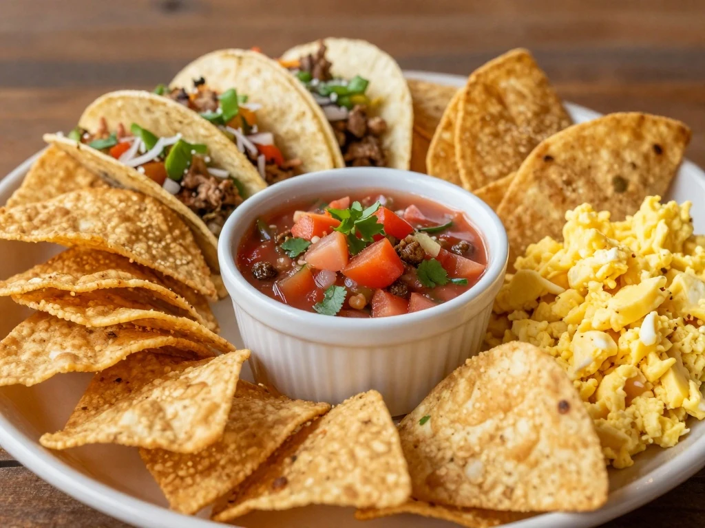 Salsa served with chips, tacos, quesadillas, and eggs
