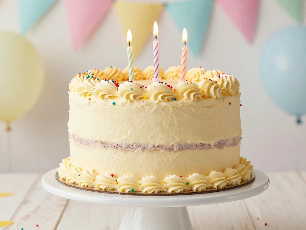 Two-layer vanilla birthday cake with buttercream and rainbow sprinkles