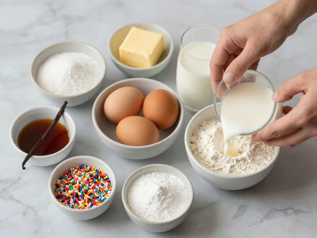 Ingredients for vanilla birthday cake and vanilla buttercream arranged on a countertop