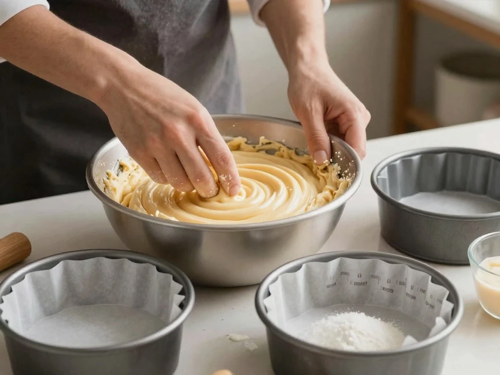 Preparing vanilla cake batter for two round cake layers