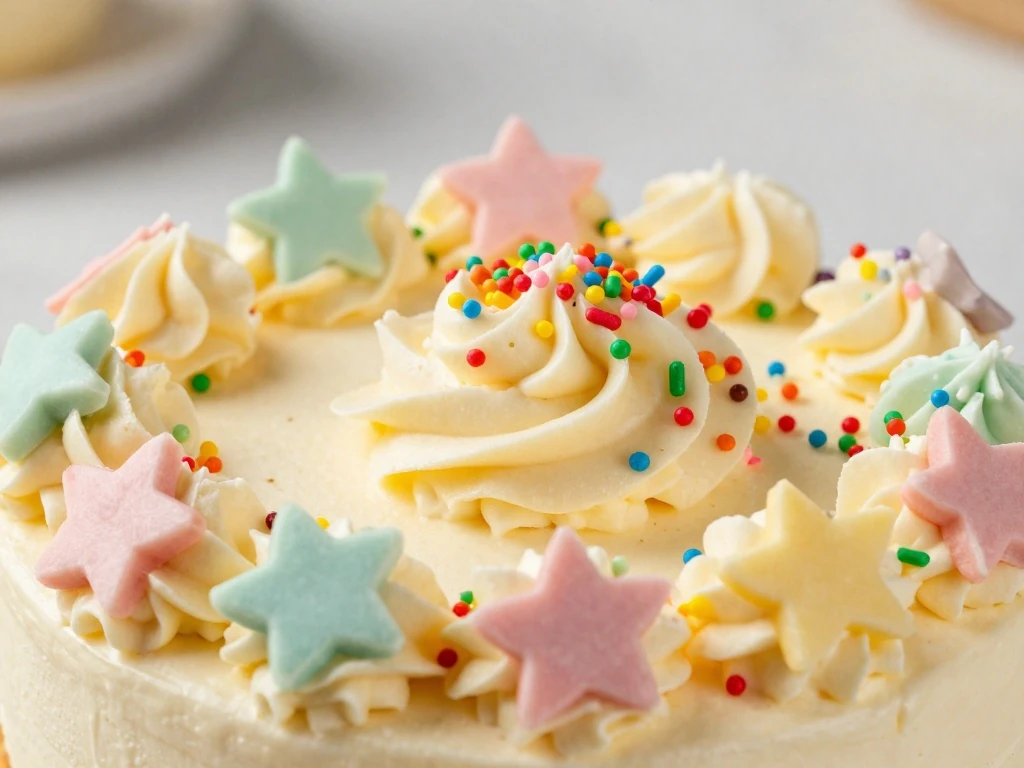 Colorful sprinkles decorating vanilla buttercream on a birthday cake