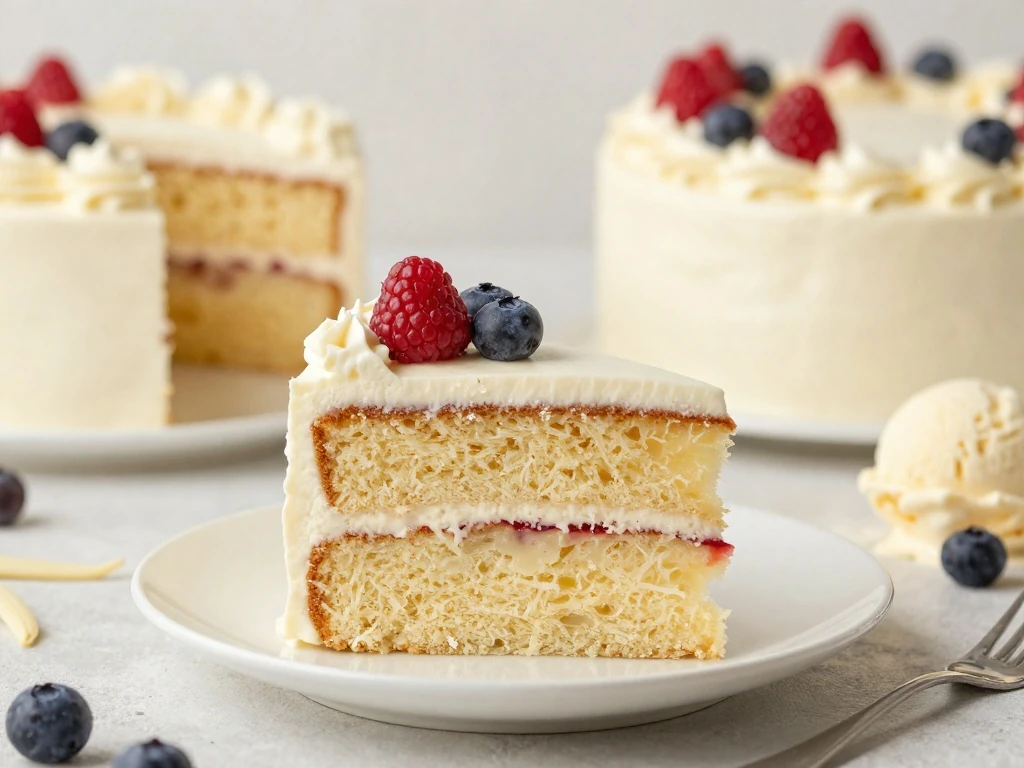 Slice of vanilla birthday cake showing tender layers and creamy buttercream filling