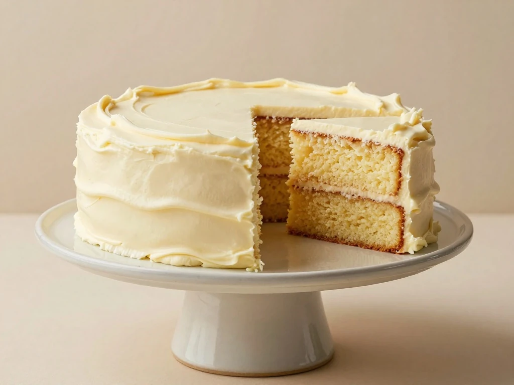 Two-layer vanilla cake with a slice showing its tender golden crumb