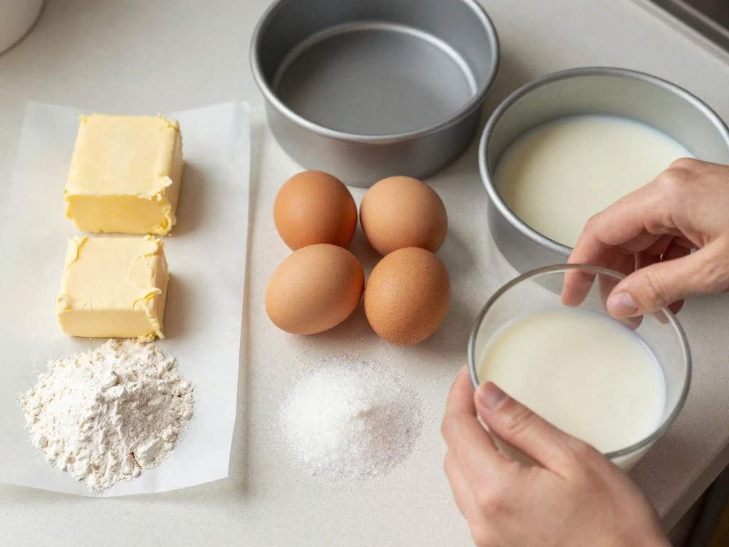 Ingredients for an easy two-layer vanilla cake