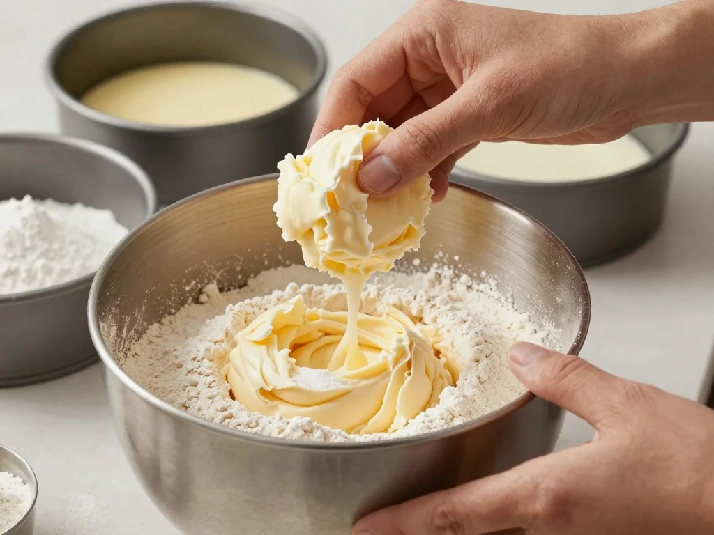 Preparing fluffy butter and sugar for vanilla cake batter