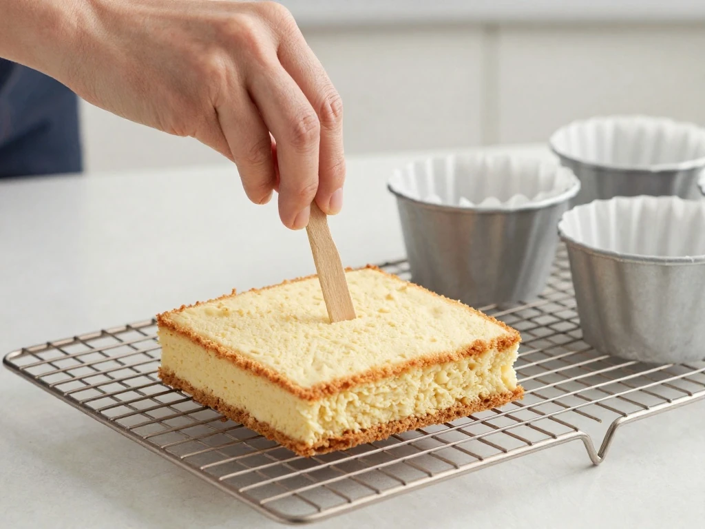 Testing a vanilla cake layer for doneness with a skewer