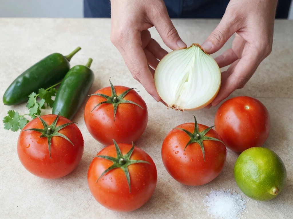 Ingredients for easy classic pico de gallo arranged on a counter