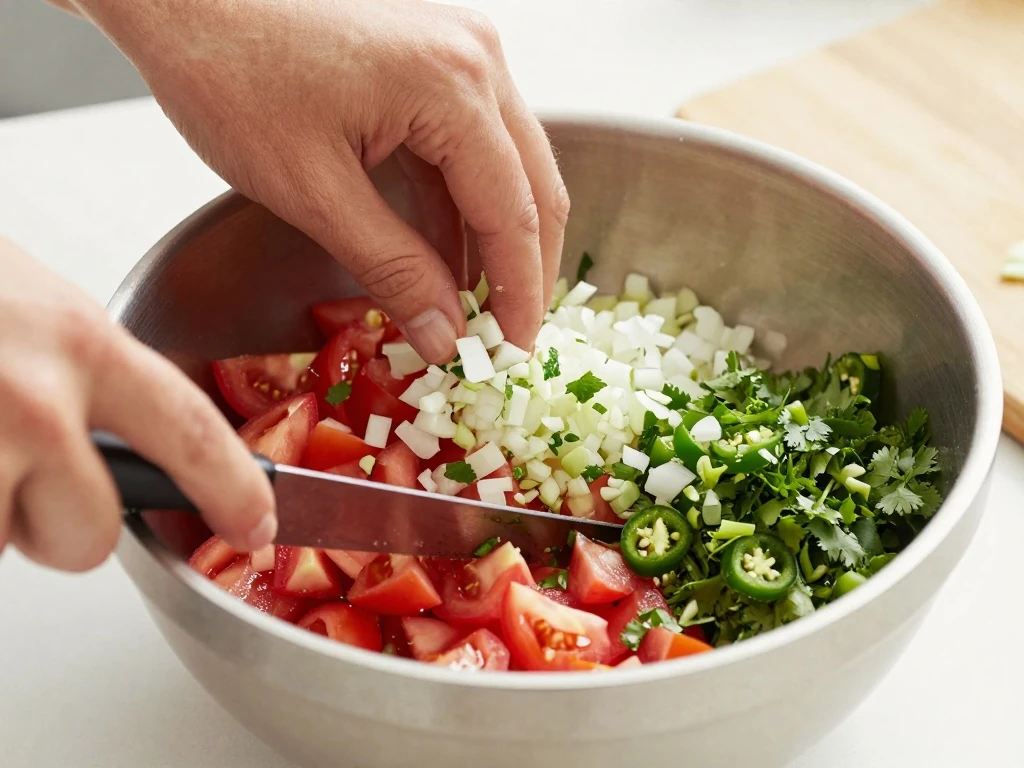 Fresh pico de gallo ingredients being combined in a bowl