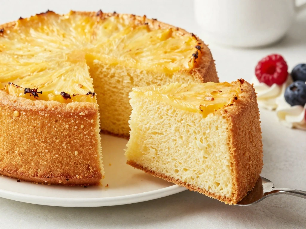 Fluffy pineapple angel food cake served with whipped cream and berries