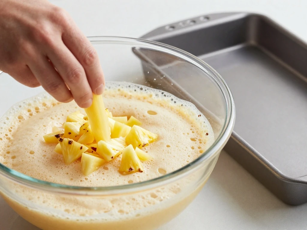 Foamy pineapple angel food cake batter being mixed before baking