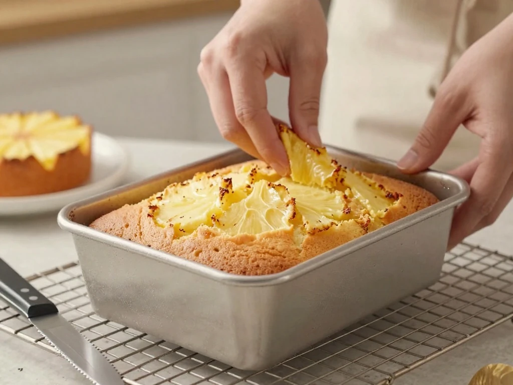 Golden pineapple angel food cake cooling in an ungreased baking pan