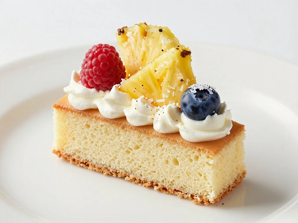 Pineapple angel food cake slice with whipped cream fruit and toasted coconut