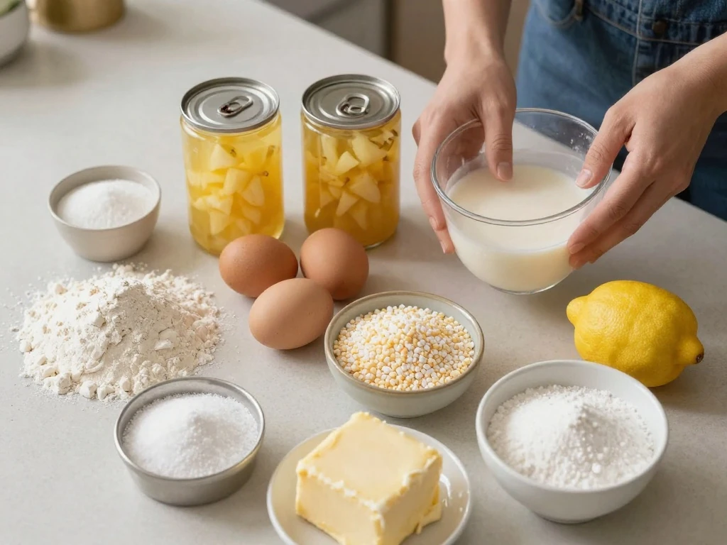 Ingredients arranged for a homemade pineapple layer cake