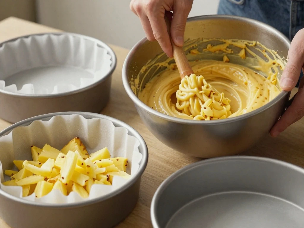 Preparing crushed pineapple cake batter in a mixing bowl