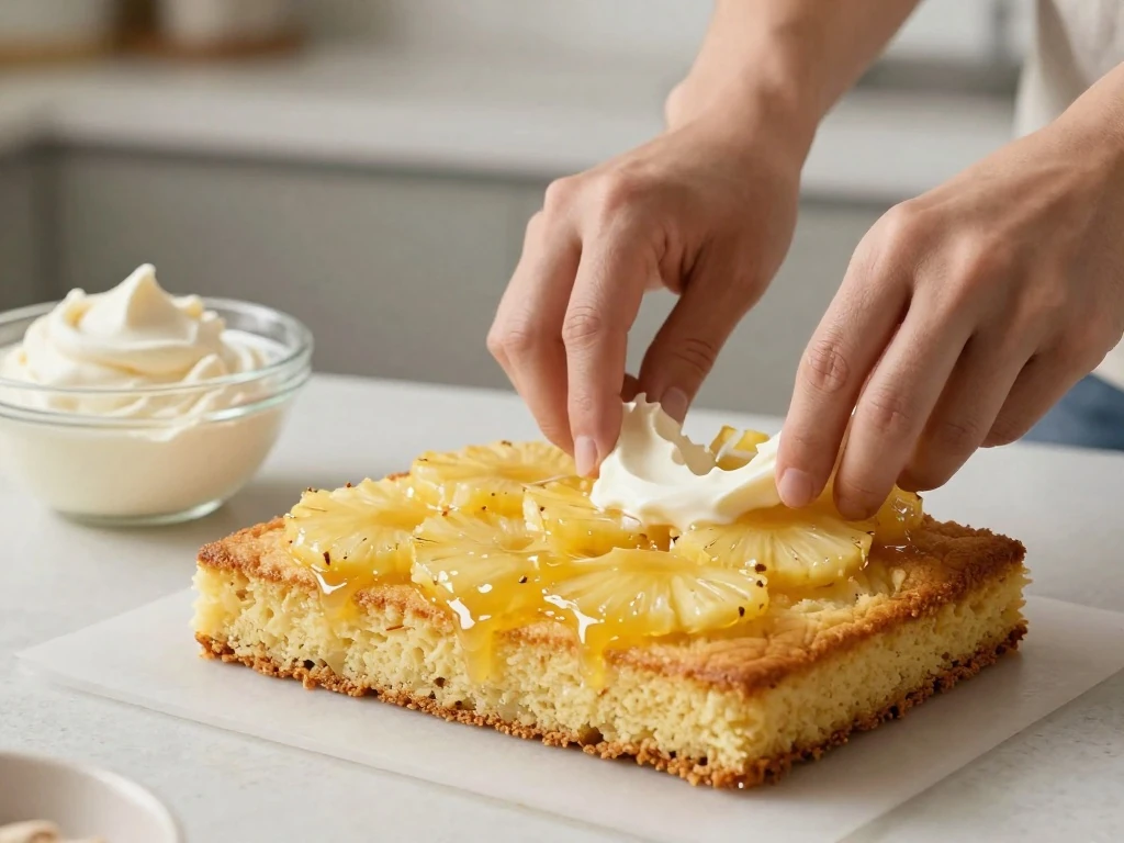 Assembling pineapple filling between cake layers
