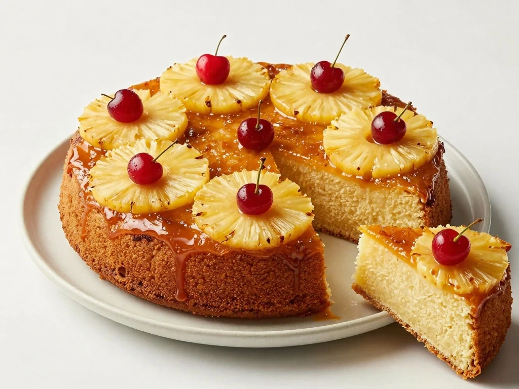 Golden pineapple upside-down cake with pineapple rings and cherries