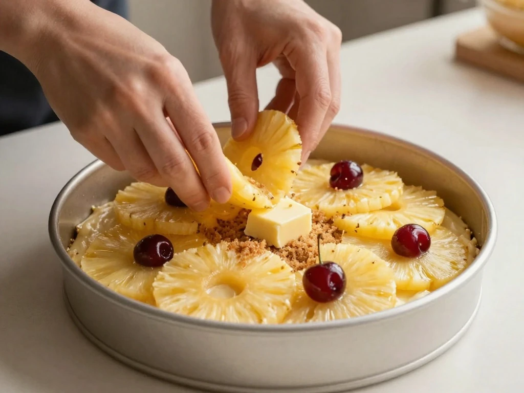 Cake batter spread over pineapple topping in a baking pan