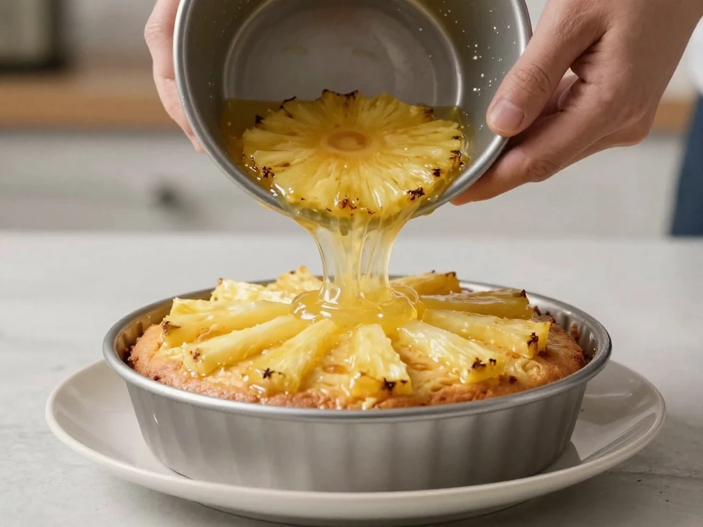 Pineapple upside-down cake being inverted onto a serving plate