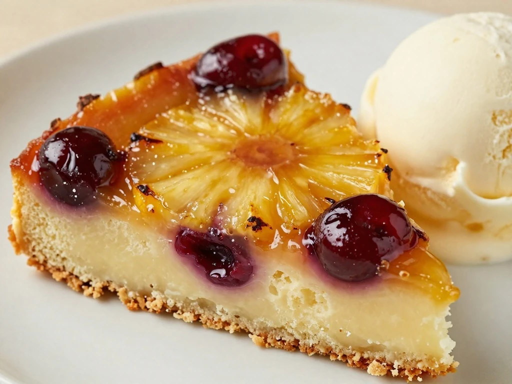 Slice of pineapple upside-down cake served with vanilla ice cream