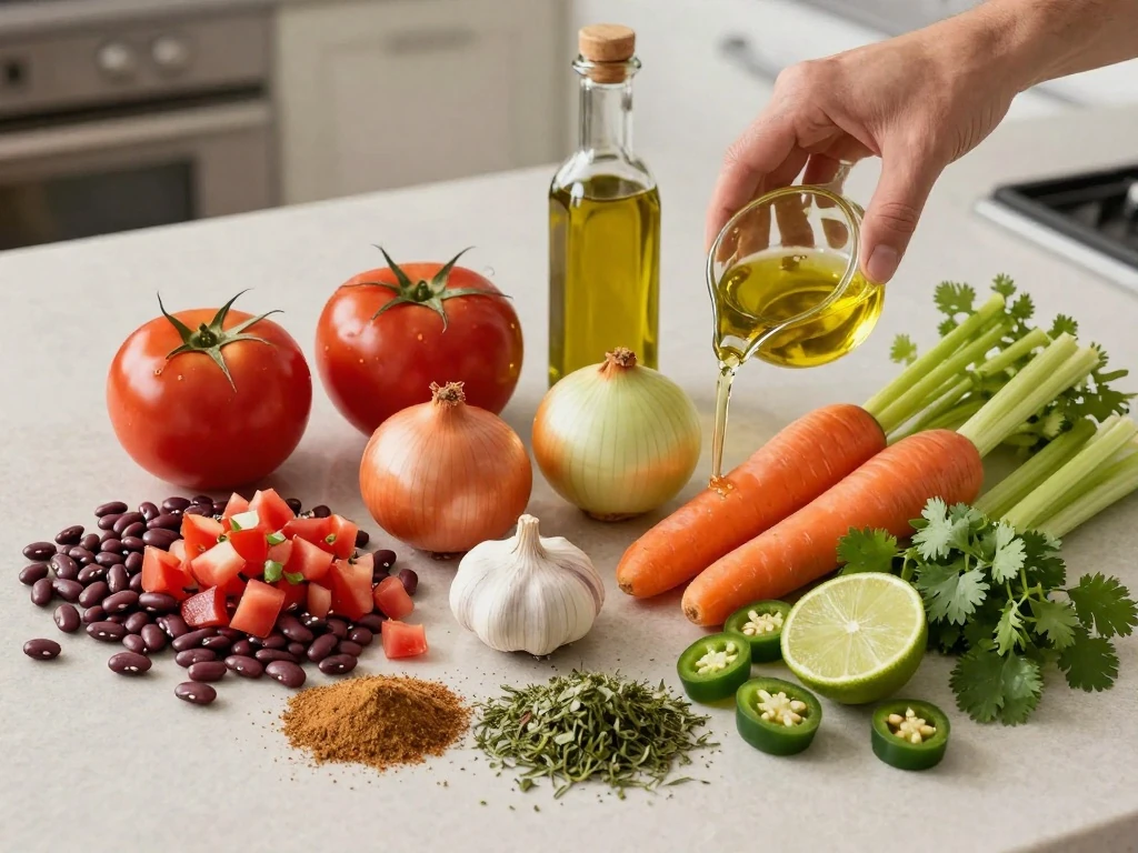 Ingredients for pinto bean soup with fresh salsa arranged in a flat lay