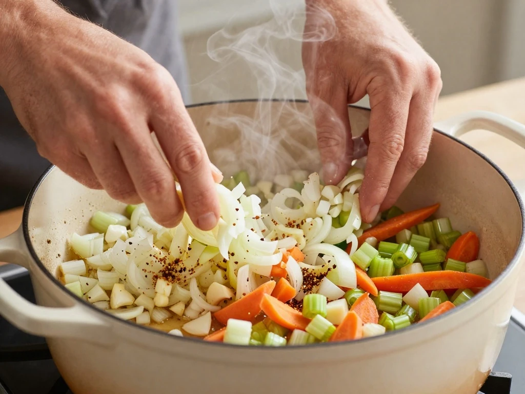 Vegetables and spices sautéing for pinto bean soup