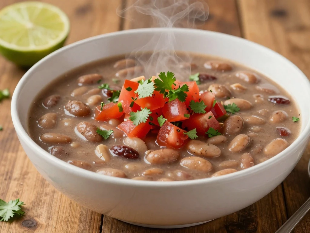 Pinto bean soup served with fresh tomato salsa