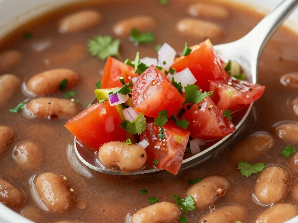 Fresh salsa garnish on hearty pinto bean soup