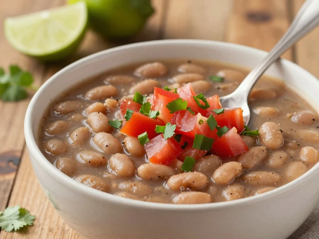 Pinto bean soup topped with fresh salsa in a rustic bowl