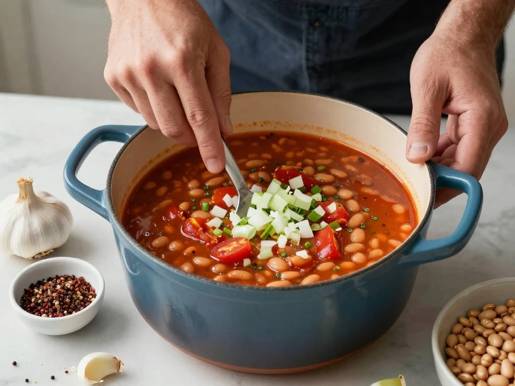 Soup simmering in a Dutch oven during preparation
