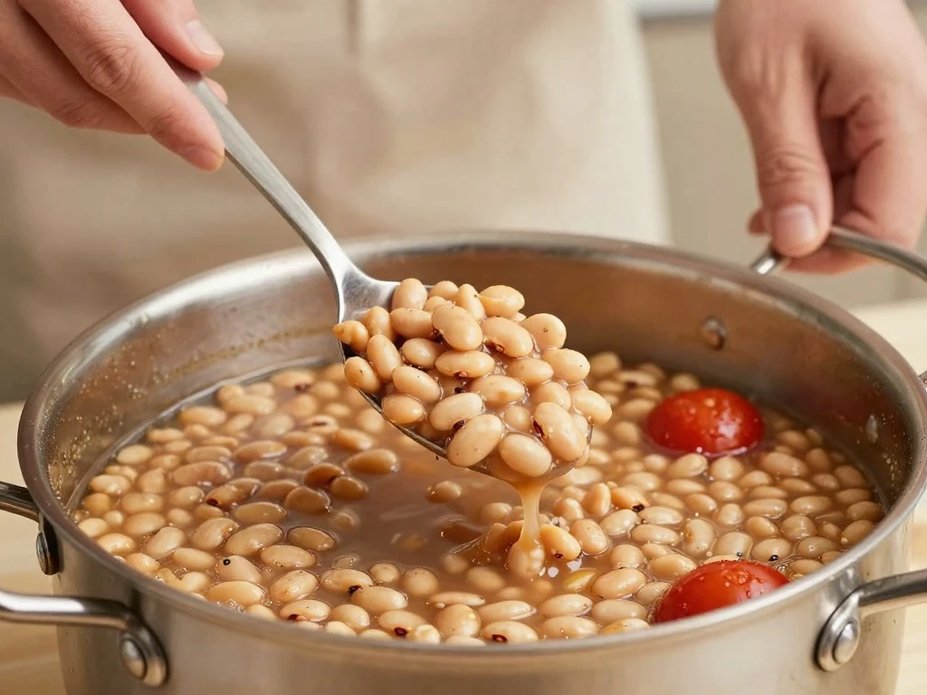 Mashing pinto beans to thicken the soup