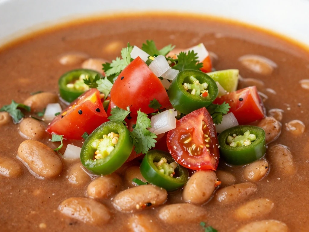 Fresh salsa garnish on pinto bean soup