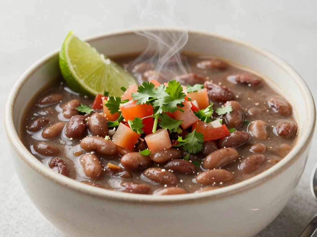 Finished pinto bean soup with tomato cilantro salsa