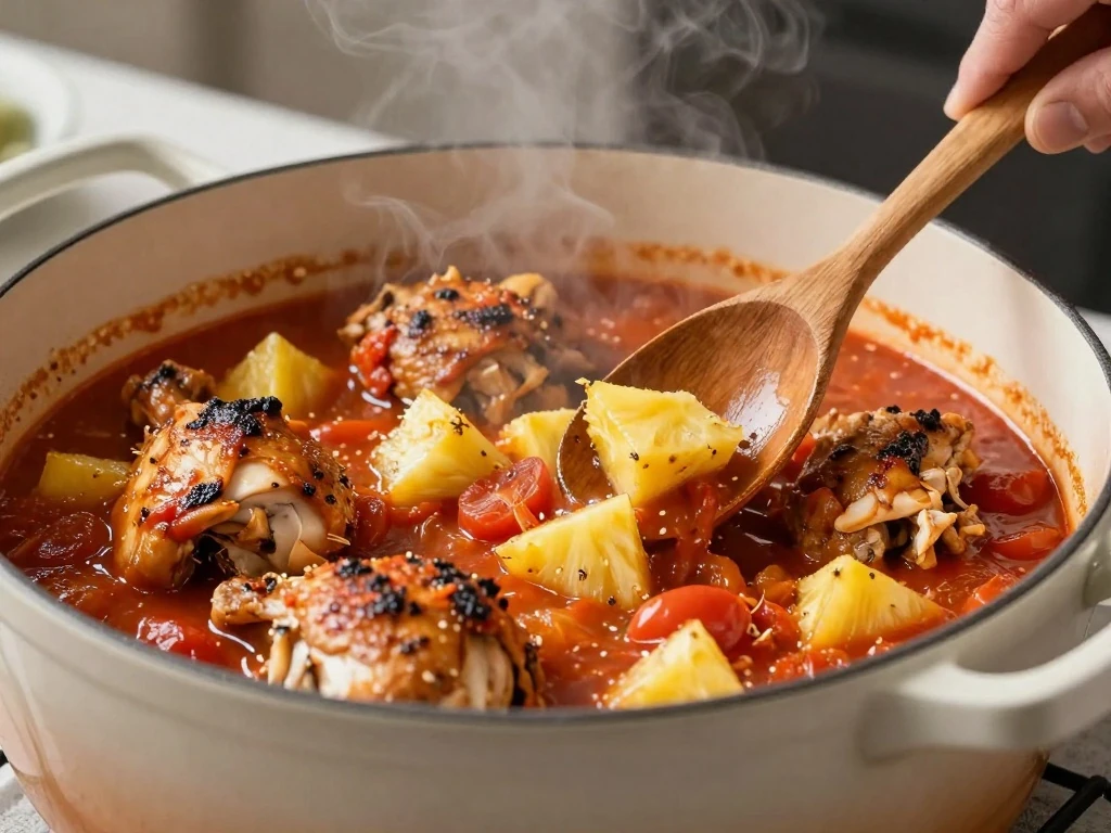 Chicken simmering in tomato pineapple sauce