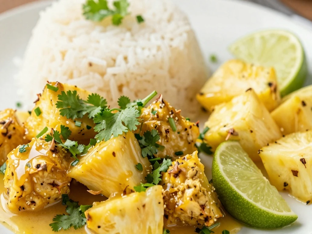 Chicken in pineapple garnished with cilantro and lime