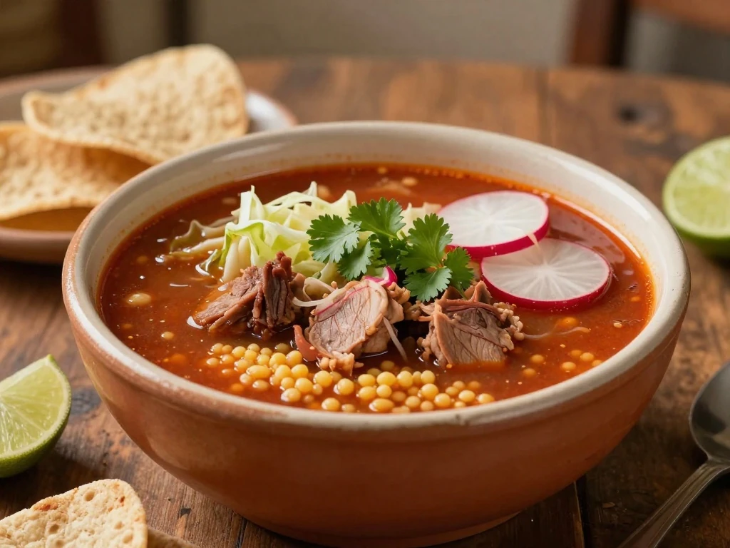 Bowl of homemade pork pozole rojo with traditional toppings