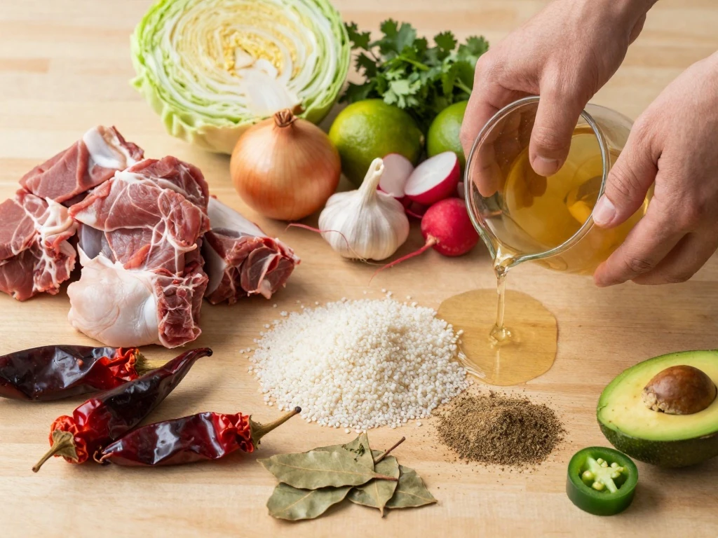 Ingredients for easy pozole rojo with pork and hominy