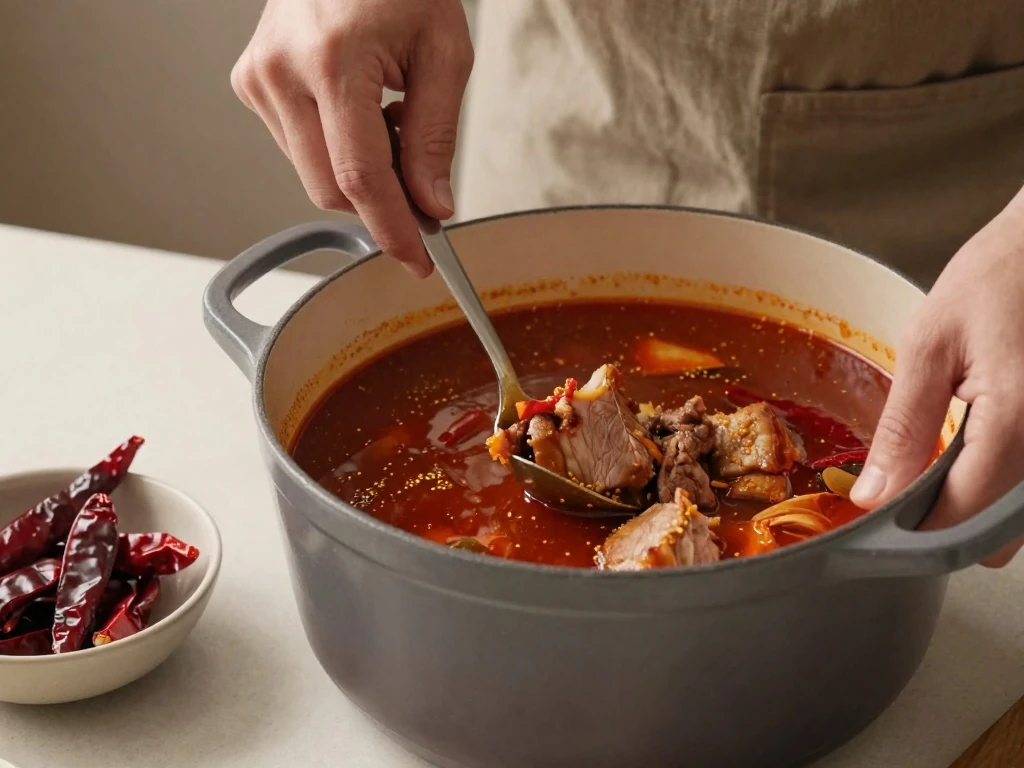 Cooking pork and red chile sauce for homemade pozole