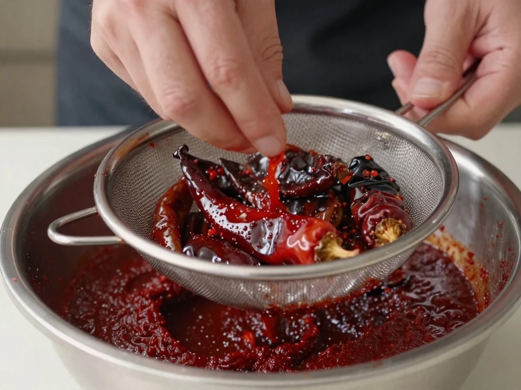Straining dried chile puree for smooth pozole broth