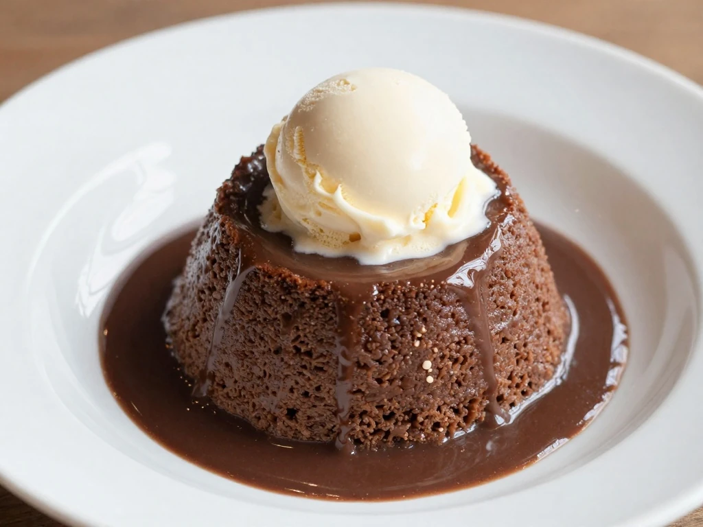 Warm chocolate pudding cake with homemade fudge sauce and vanilla ice cream