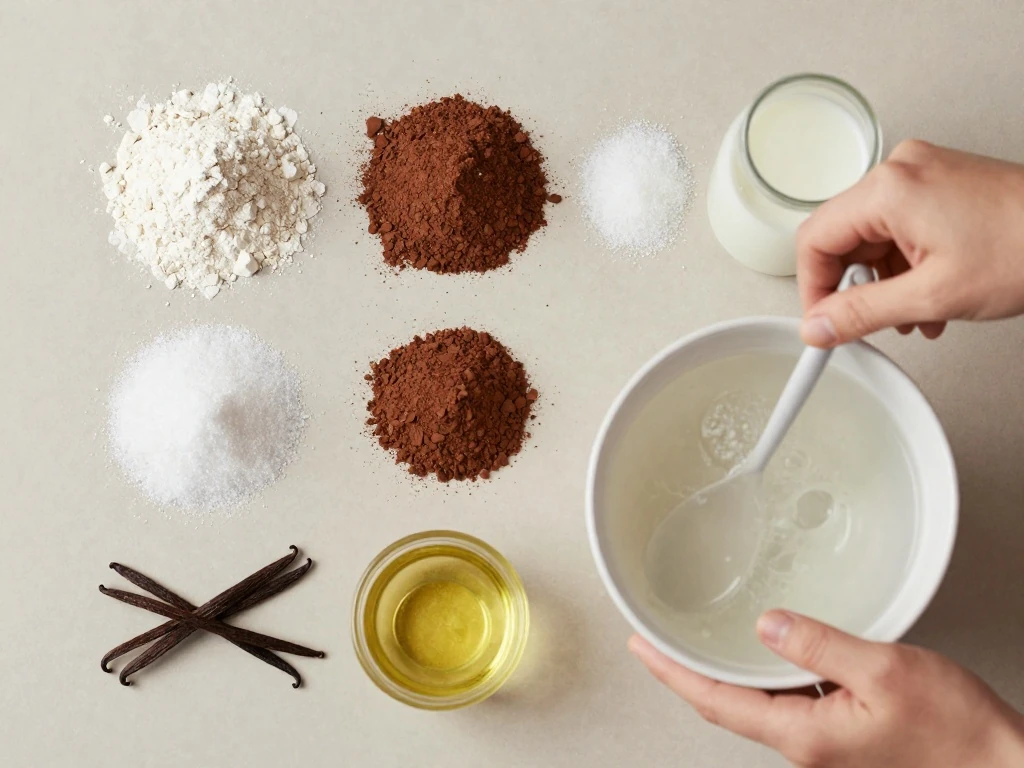 Ingredients for chocolate pudding cake arranged on a kitchen counter