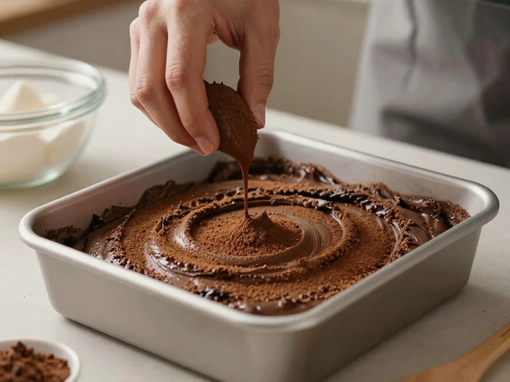 Preparing the batter and cocoa-sugar topping for chocolate pudding cake